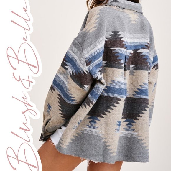 SANTA FE Teal Distressed Aztec Button Down Jacket - Picture 6 of 10